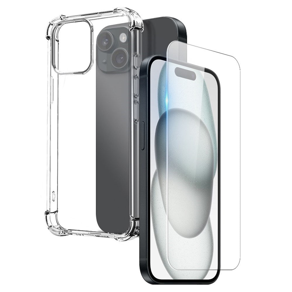 iPhone 15 NORTHJO 2-i-1 Beskyttelsessæt m. Stødabsorberende Fleksibelt Plastik Cover & Hærdet Skærmbeskyttelsesglas - Gennemsigtig