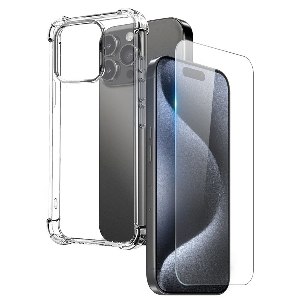 iPhone 15 Pro NORTHJO 2-i-1 Beskyttelsessæt m. Stødabsorberende Fleksibelt Plastik Cover & Hærdet Skærmbeskyttelsesglas - Gennemsigtig