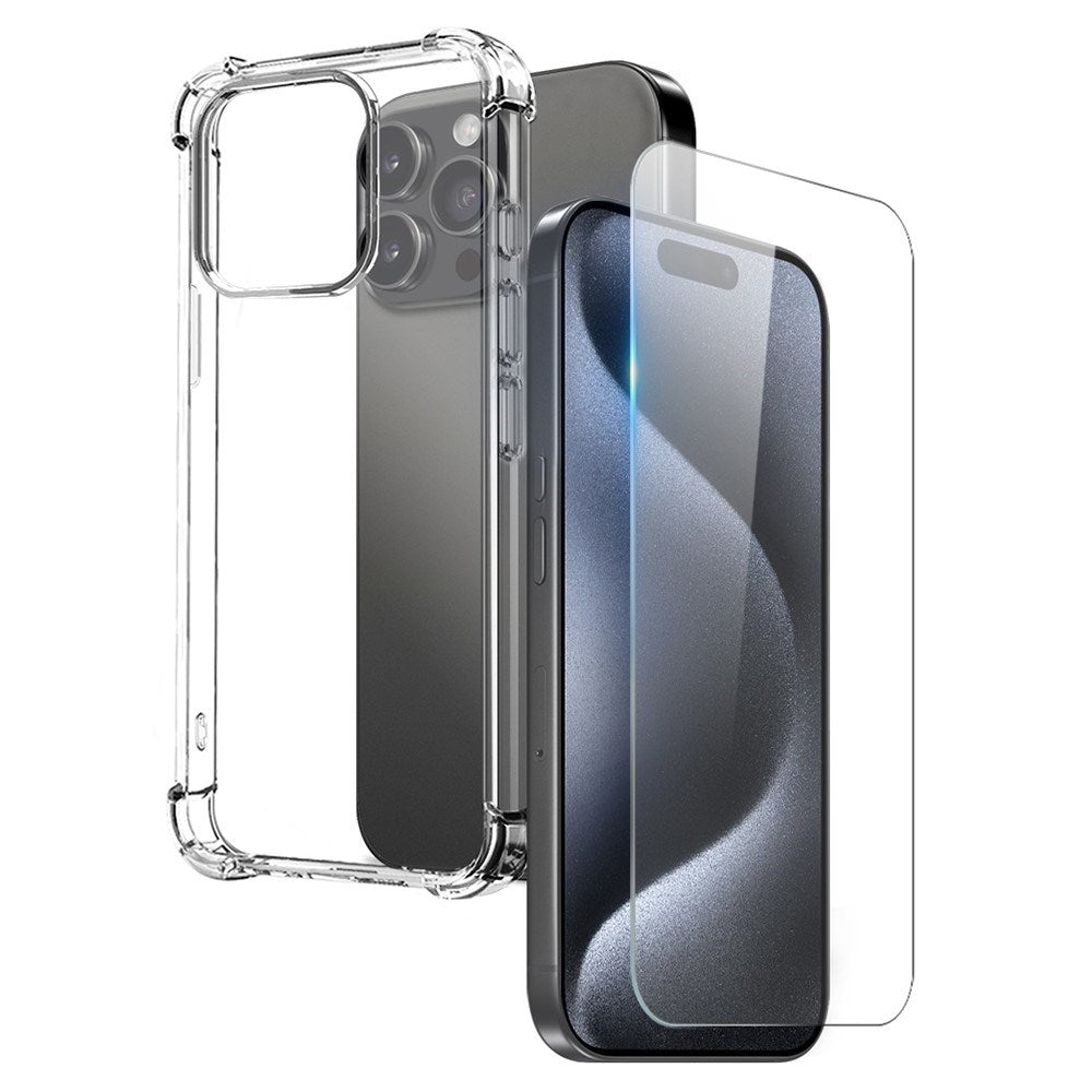 iPhone 15 Pro Max NORTHJO 2-i-1 Beskyttelsessæt m. Stødabsorberende Fleksibelt Plastik Cover & Hærdet Skærmbeskyttelsesglas - Gennemsigtig