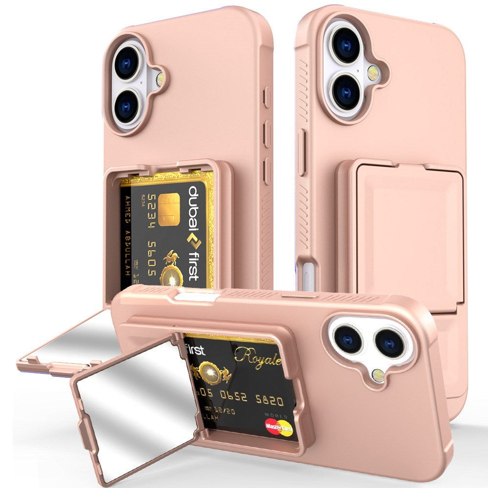 EIDERWOOD iPhone 16 Fleksibelt Plastik Bagside Cover m. Kortholder & Indbygget Spejl - Rose Gold