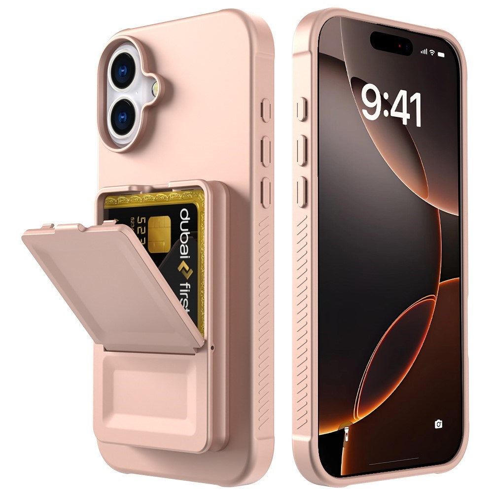 EIDERWOOD iPhone 16 Fleksibelt Plastik Bagside Cover m. Kortholder & Indbygget Spejl - Rose Gold