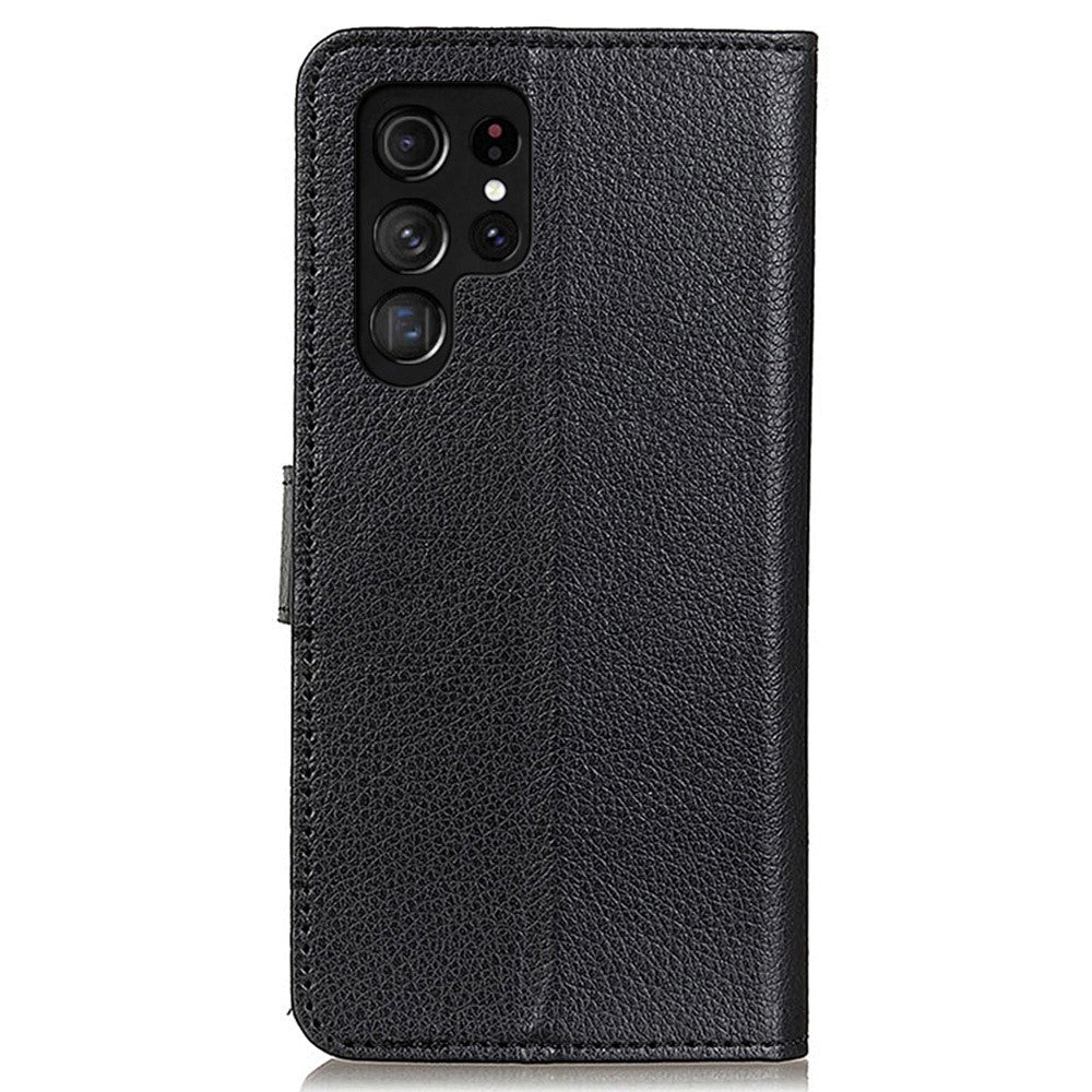 Samsung Galaxy S23 Ultra PU Litchi Leather Flip Cover m. Lommebok - Svart