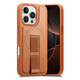 iPhone 16 Pro - Hårdt Plastik Cover m. Kunstlæder Bagside & Fingerrem - MagSafe Kompatibel - Brun