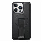 iPhone 16 Pro - Hårdt Plastik Cover m. Kunstlæder Bagside & Fingerrem - MagSafe Kompatibel - Sort