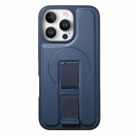 iPhone 16 Pro - Hårdt Plastik Cover m. Kunstlæder Bagside & Fingerrem - MagSafe Kompatibel - Blå