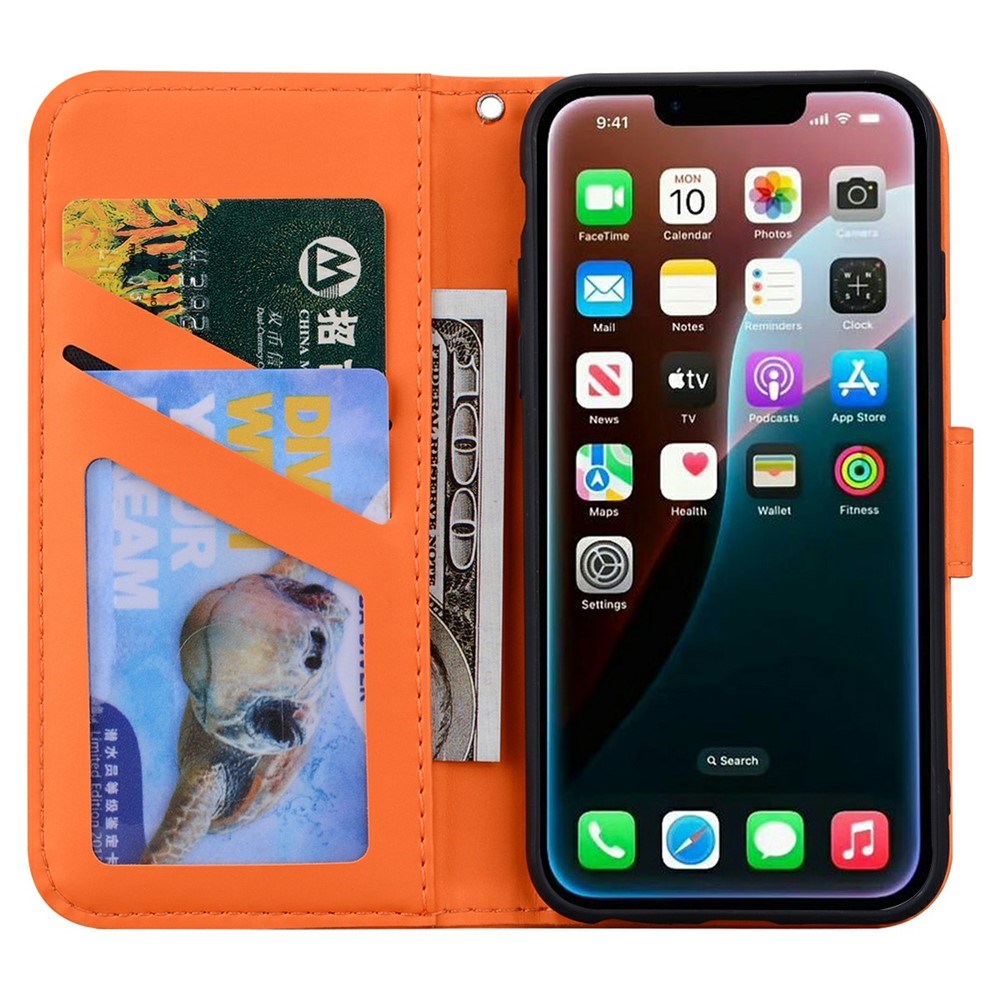 iPhone 17e / 16e Kunstlæder Flip Cover m. Figur & Ståfunktion - Orange