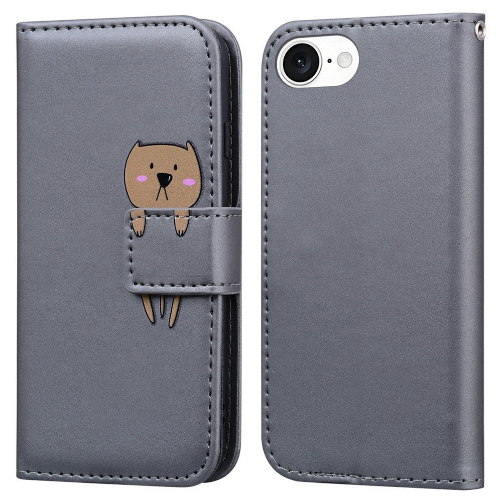 iPhone 17e / 16e Kunstlæder Flip Cover m. Figur & Ståfunktion - Grå