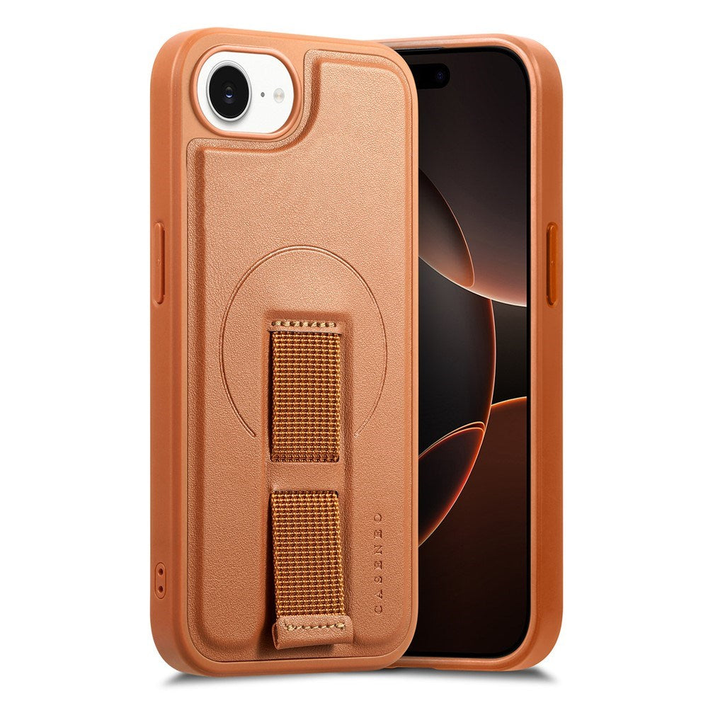 iPhone 16e - Hårdt Plastik Cover m. Kunstlæder Bagside & Fingerrem - MagSafe Kompatibel - Brun