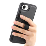 iPhone 16e - Hårdt Plastik Cover m. Kunstlæder Bagside & Fingerrem - MagSafe Kompatibel - Sort