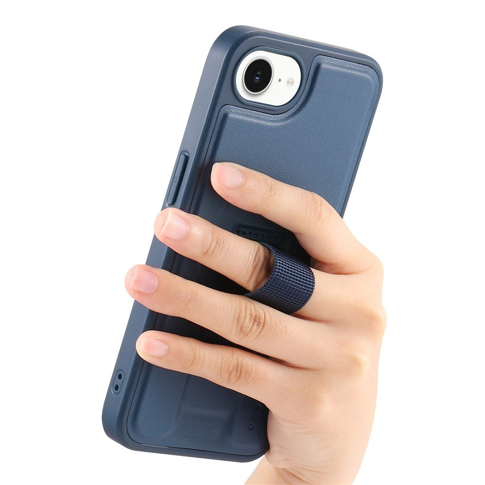 iPhone 16e - Hårdt Plastik Cover m. Kunstlæder Bagside & Fingerrem - MagSafe Kompatibel - Blå