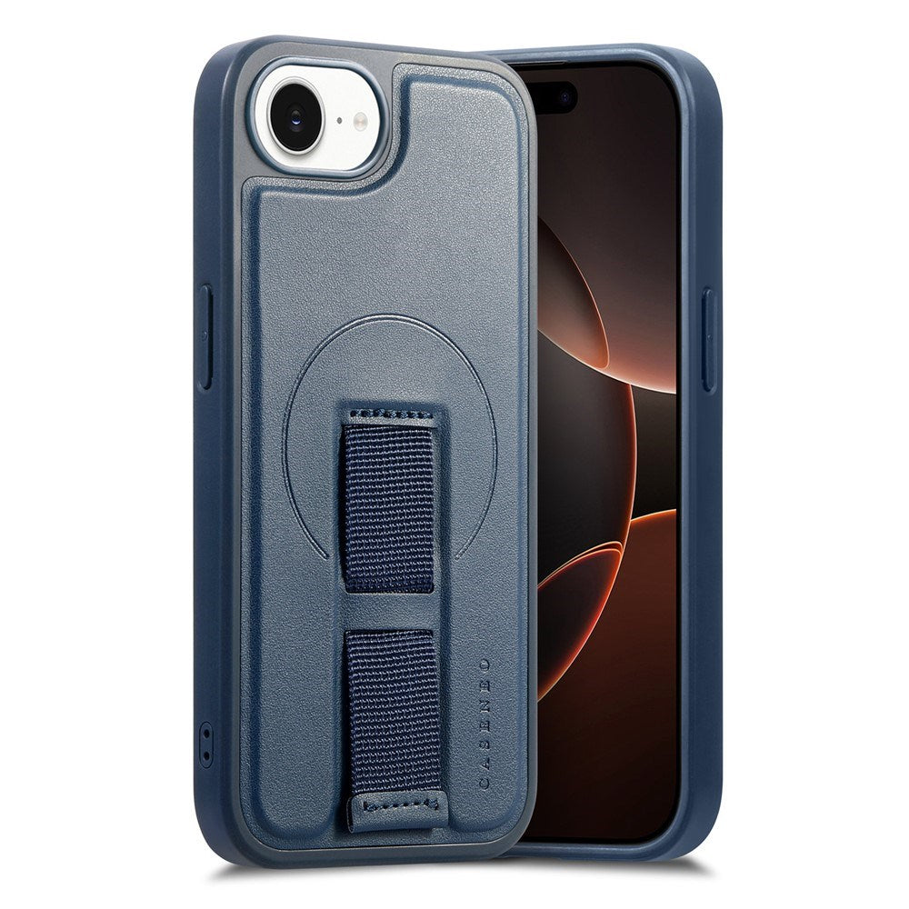 iPhone 16e - Hårdt Plastik Cover m. Kunstlæder Bagside & Fingerrem - MagSafe Kompatibel - Blå