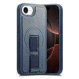 iPhone 16e - Hårdt Plastik Cover m. Kunstlæder Bagside & Fingerrem - MagSafe Kompatibel - Blå