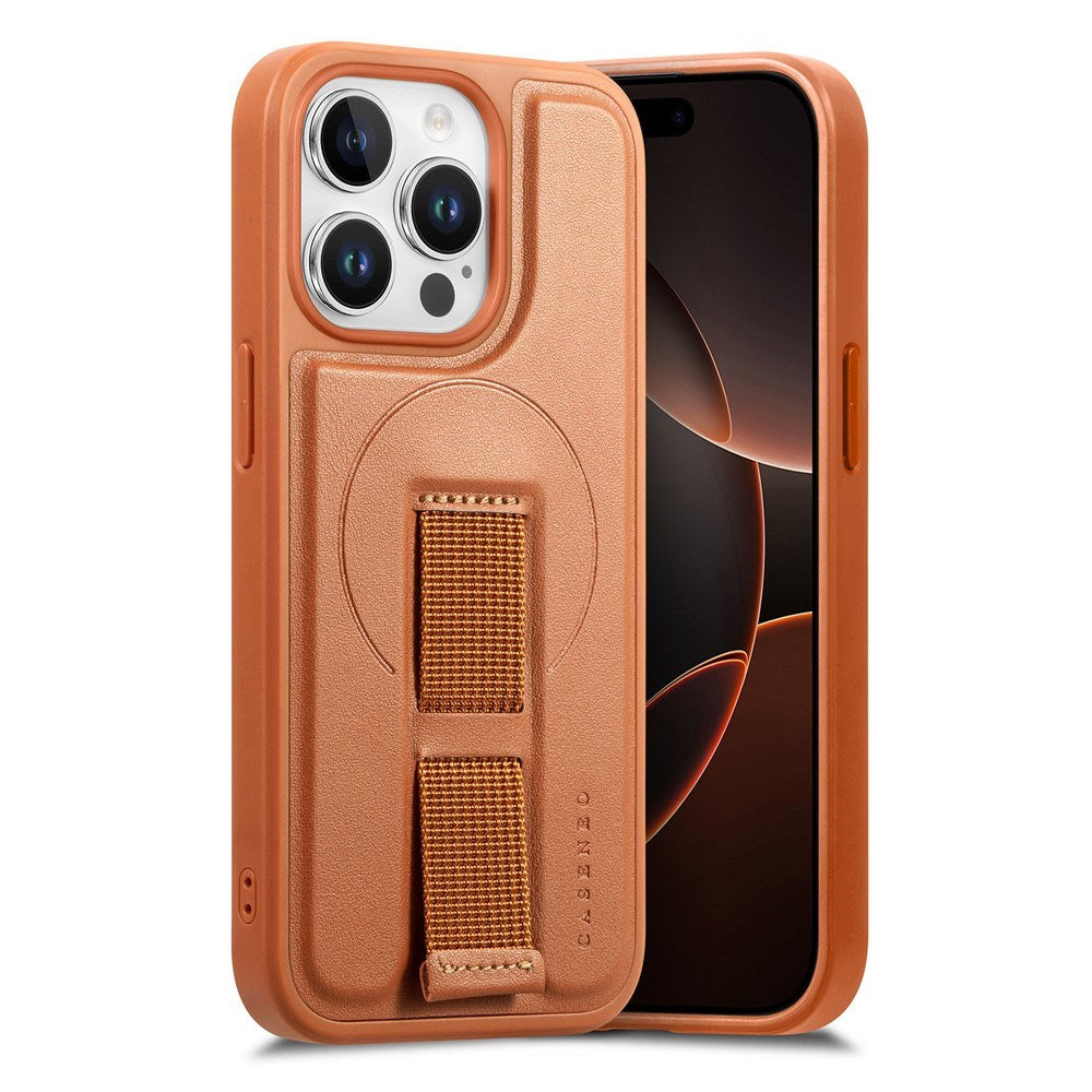 iPhone 13 Pro - Hårdt Plastik Cover m. Kunstlæder Bagside & Fingerrem - MagSafe Kompatibel - Brun
