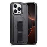 iPhone 13 Pro - Hårdt Plastik Cover m. Kunstlæder Bagside & Fingerrem - MagSafe Kompatibel - Sort
