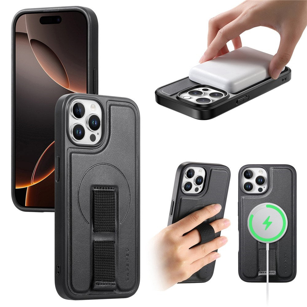 iPhone 12 / 12 Pro - Hårdt Plastik Cover m. Kunstlæder Bagside & Fingerrem - MagSafe Kompatibel - Sort