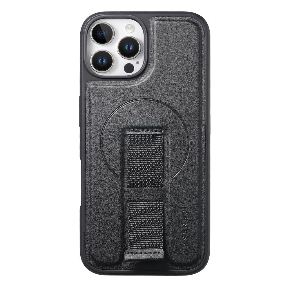 iPhone 12 / 12 Pro - Hårdt Plastik Cover m. Kunstlæder Bagside & Fingerrem - MagSafe Kompatibel - Sort