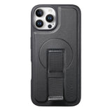 iPhone 12 / 12 Pro - Hårdt Plastik Cover m. Kunstlæder Bagside & Fingerrem - MagSafe Kompatibel - Sort