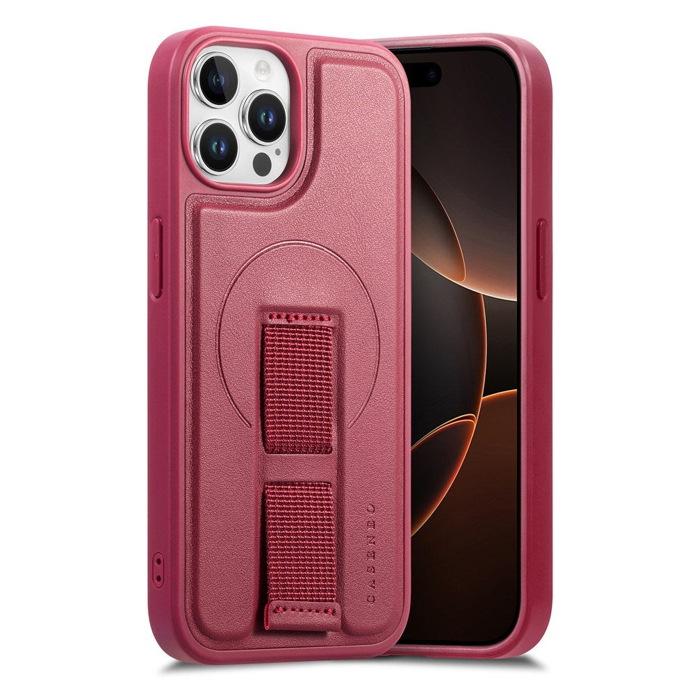 iPhone 12 / 12 Pro - Hårdt Plastik Cover m. Kunstlæder Bagside & Fingerrem - MagSafe Kompatibel - Rød