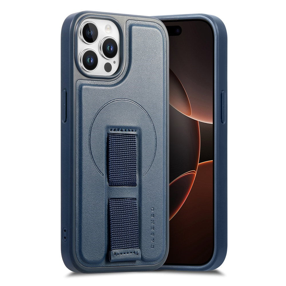 iPhone 12 / 12 Pro - Hårdt Plastik Cover m. Kunstlæder Bagside & Fingerrem - MagSafe Kompatibel - Blå