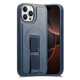 iPhone 12 / 12 Pro - Hårdt Plastik Cover m. Kunstlæder Bagside & Fingerrem - MagSafe Kompatibel - Blå