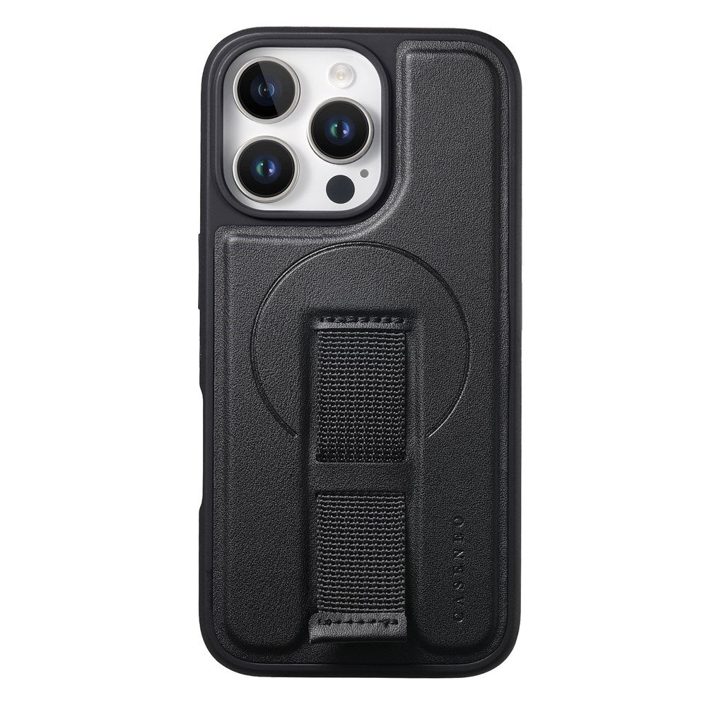 iPhone 14 Pro - Hårdt Plastik Cover m. Kunstlæder Bagside & Fingerrem - MagSafe Kompatibel - Sort