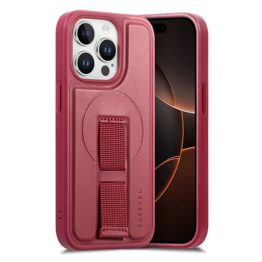 iPhone 14 Pro - Hårdt Plastik Cover m. Kunstlæder Bagside & Fingerrem - MagSafe Kompatibel - Rød