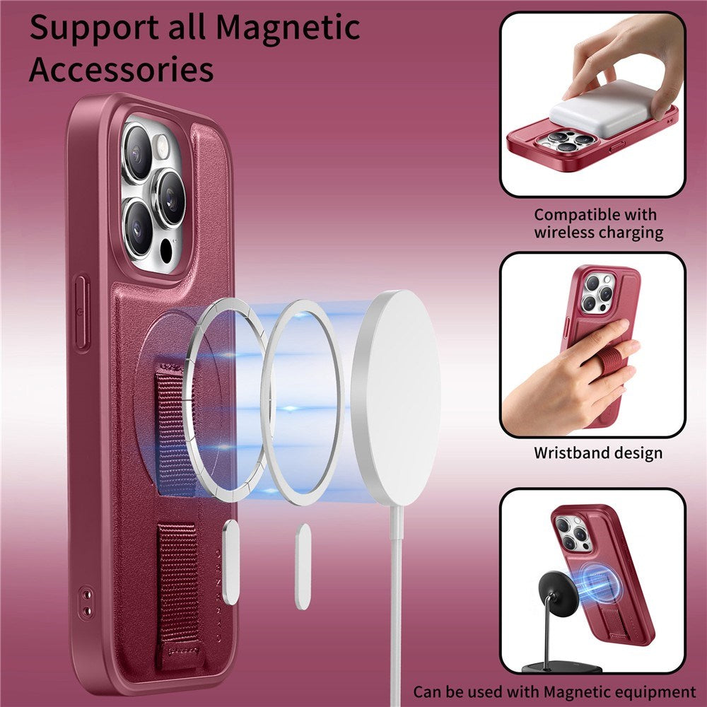 iPhone 14 Pro - Hårdt Plastik Cover m. Kunstlæder Bagside & Fingerrem - MagSafe Kompatibel - Rød