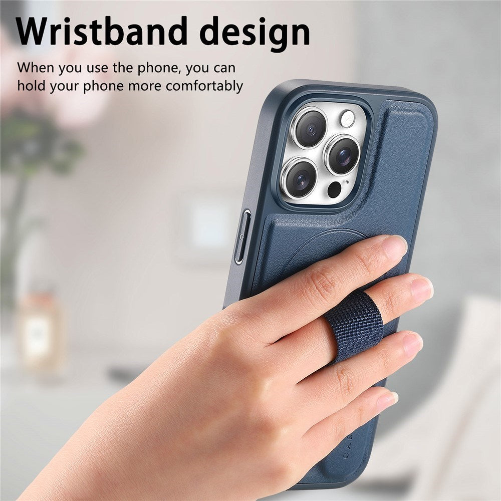 iPhone 14 Pro - Hårdt Plastik Cover m. Kunstlæder Bagside & Fingerrem - MagSafe Kompatibel - Blå