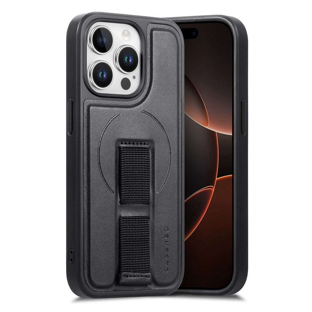 iPhone 15 Pro - Hårdt Plastik Cover m. Kunstlæder Bagside & Fingerrem - MagSafe Kompatibel - Sort