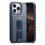iPhone 15 Pro - Hårdt Plastik Cover m. Kunstlæder Bagside & Fingerrem - MagSafe Kompatibel - Blå