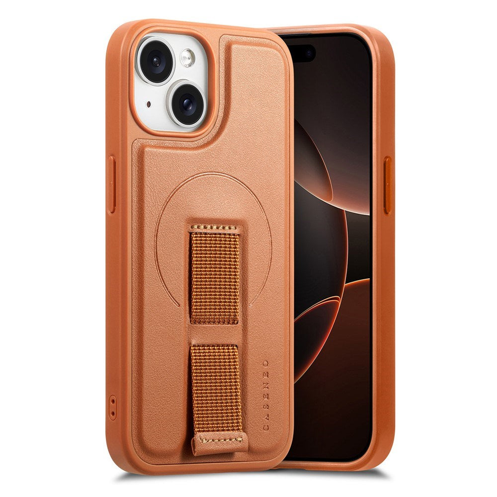 iPhone 15 - Hårdt Plastik Cover m. Kunstlæder Bagside & Fingerrem - MagSafe Kompatibel - Brun