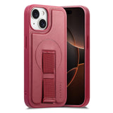 iPhone 15 - Hårdt Plastik Cover m. Kunstlæder Bagside & Fingerrem - MagSafe Kompatibel - Rød