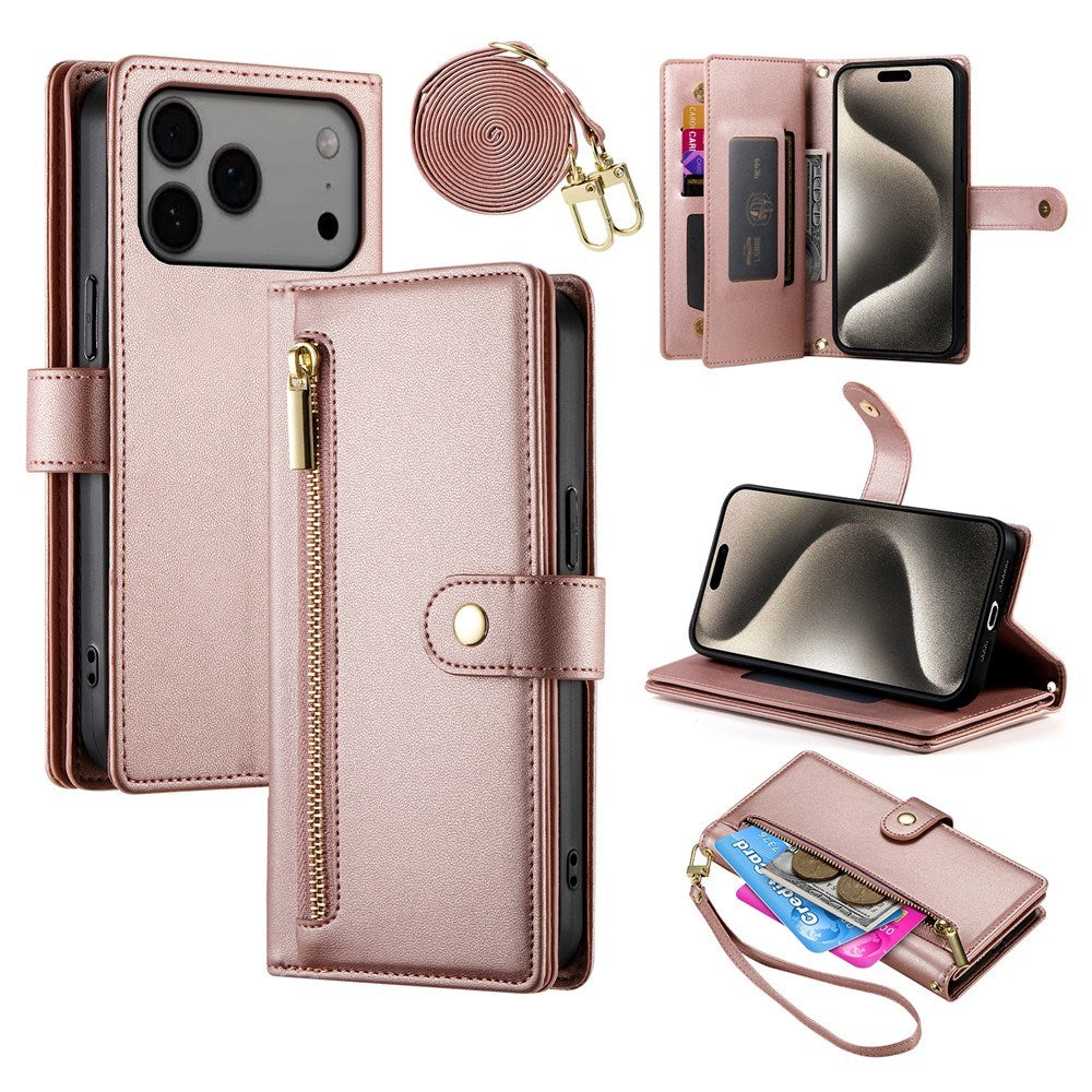 EIDERWOOD iPhone 17 Pro Max Flip Cover - Indbygget Kortholder & Lynlåslomme & Strop - Rose Gold