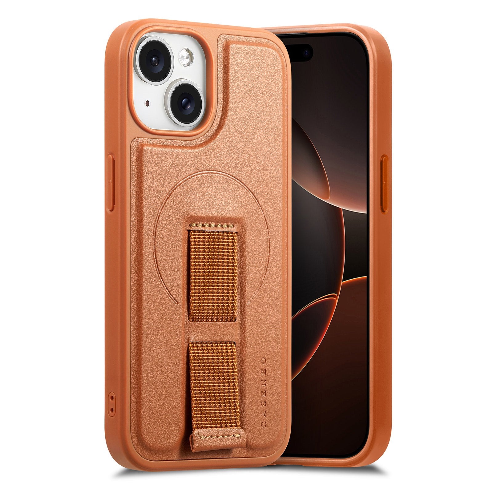 iPhone 14 / 13 - Hårdt Plastik Cover m. Kunstlæder Bagside & Fingerrem - MagSafe Kompatibel - Brun