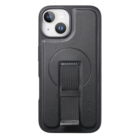 iPhone 14 / 13 - Hårdt Plastik Cover m. Kunstlæder Bagside & Fingerrem - MagSafe Kompatibel - Sort