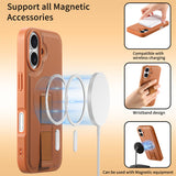 iPhone 16 - Hårdt Plastik Cover m. Kunstlæder Bagside & Fingerrem - MagSafe Kompatibel - Brun