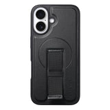 iPhone 16 - Hårdt Plastik Cover m. Kunstlæder Bagside & Fingerrem - MagSafe Kompatibel - Sort