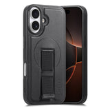 iPhone 16 - Hårdt Plastik Cover m. Kunstlæder Bagside & Fingerrem - MagSafe Kompatibel - Sort