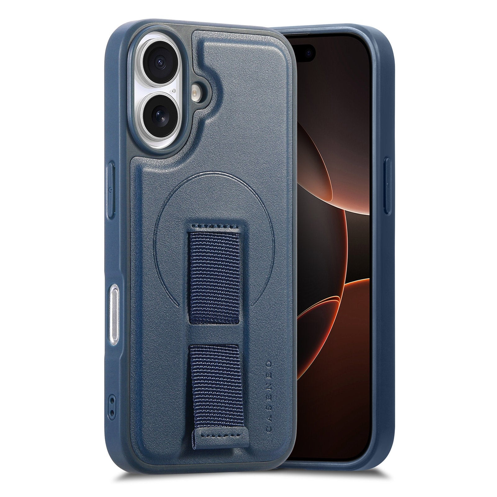 iPhone 16 - Hårdt Plastik Cover m. Kunstlæder Bagside & Fingerrem - MagSafe Kompatibel - Blå