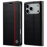 LC.IMEEKE iPhone 18 Pro / 17 Pro Kunstlæder Flip Cover m. Kortholder & Ståfunktion - Sort / Rød Vertikal Stribe