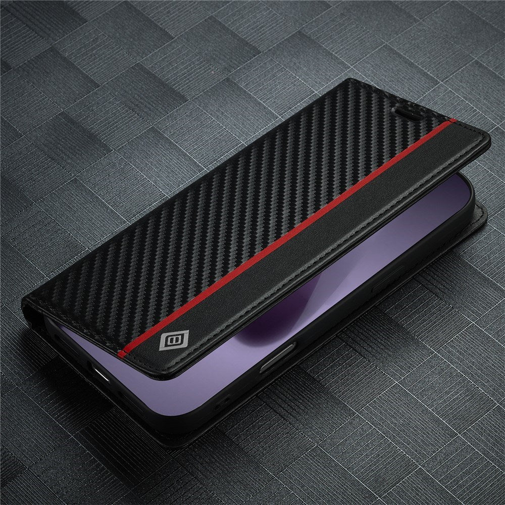 LC.IMEEKE iPhone 18 Pro / 17 Pro Kunstlæder Flip Cover m. Kortholder & Ståfunktion - Sort / Rød Vertikal Stribe