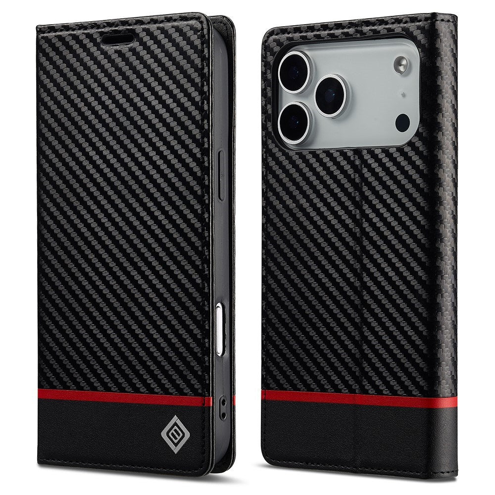 LC.IMEEKE iPhone 18 Pro Max / 17 Pro Max Kunstlæder Flip Cover m. Kortholder & Ståfunktion - Sort / Rød Horisontal Stribe