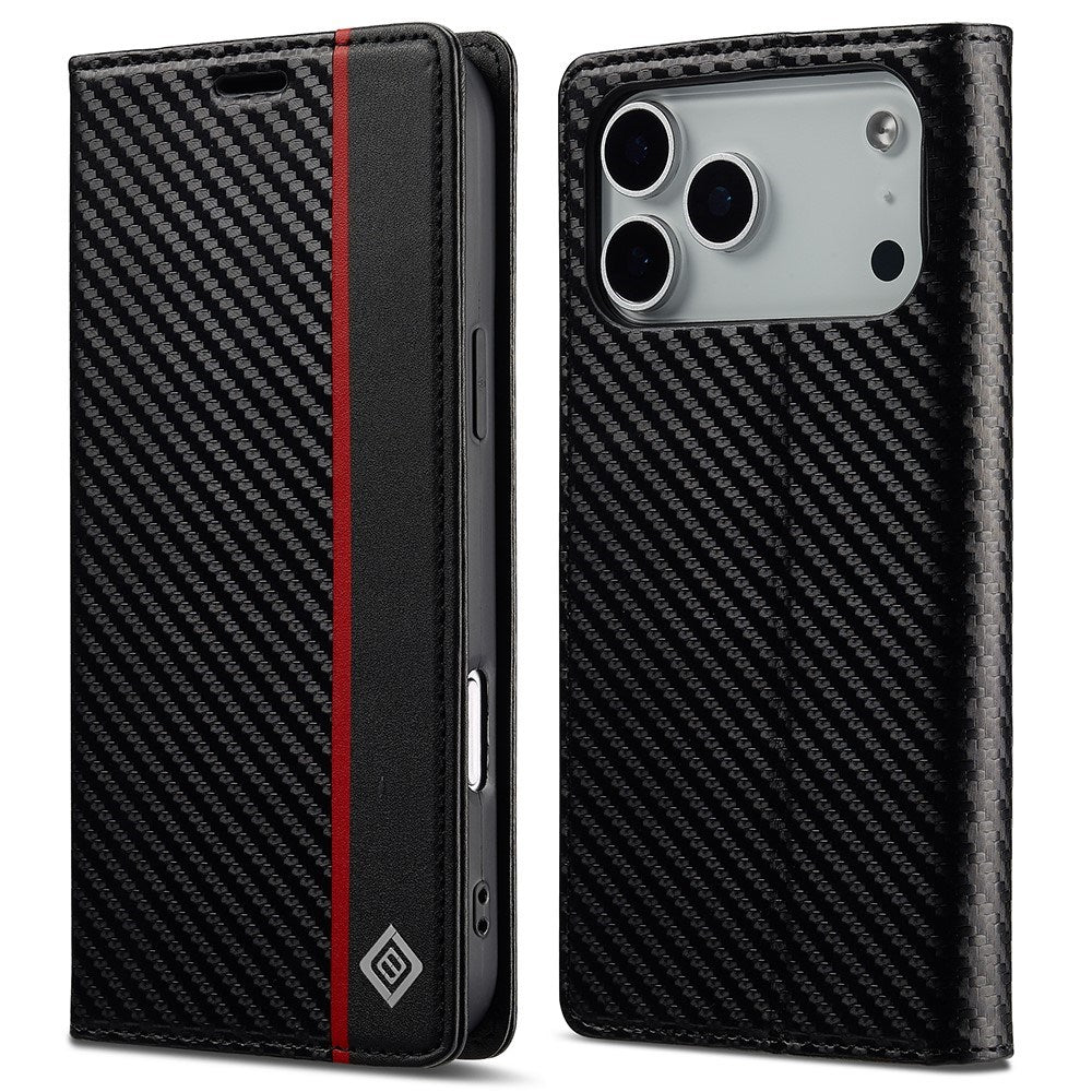 LC.IMEEKE iPhone 18 Pro Max / 17 Pro Max Kunstlæder Flip Cover m. Kortholder & Ståfunktion - Sort / Rød Vertikal Stribe