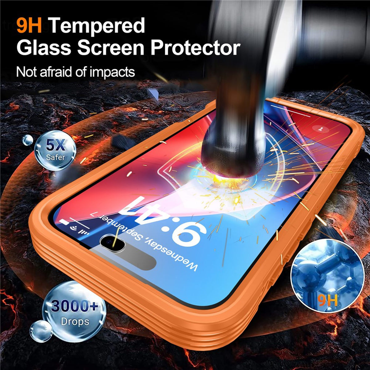 iPhone 18 Pro / 17 Pro Hybrid Plast Bagside Cover m. Skærmbeskyttelse - MagSafe Kompatibel - Gennemsigtig / Orange