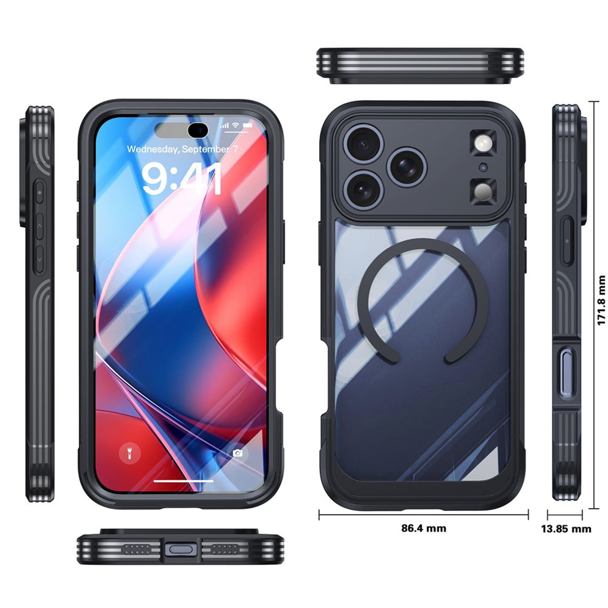 iPhone 18 Pro Max / 17 Pro Max Hybrid Plast Bagside Cover m. Skærmbeskyttelse - MagSafe Kompatibel - Gennemsigtig / Sort