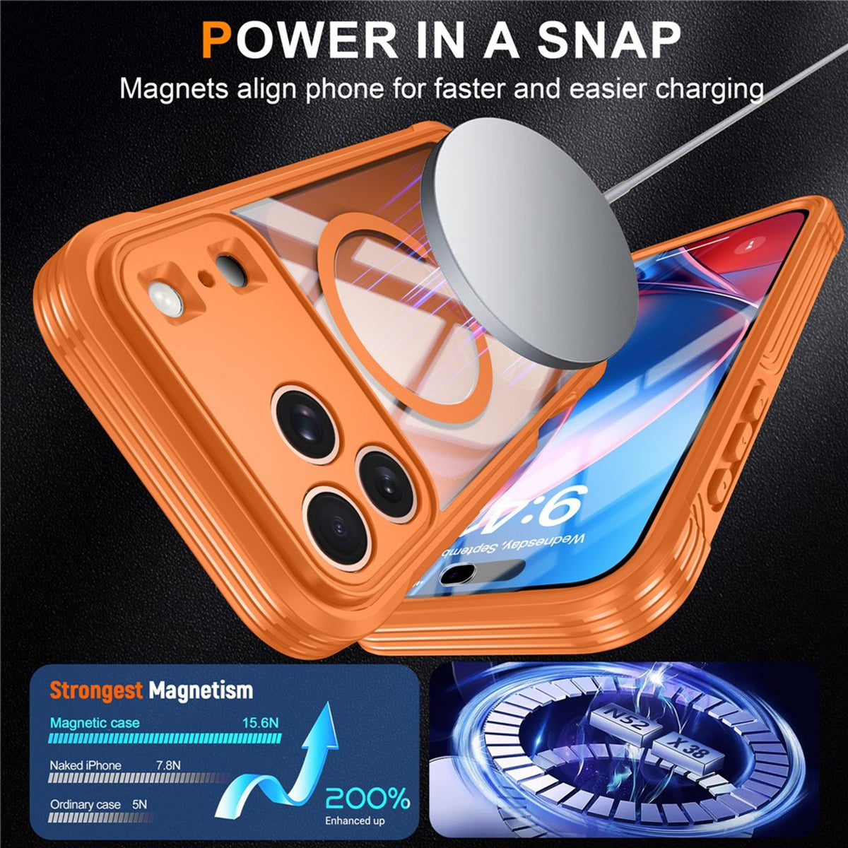 iPhone 18 Pro Max / 17 Pro Max Hybrid Plast Bagside Cover m. Skærmbeskyttelse - MagSafe Kompatibel - Gennemsigtig / Orange