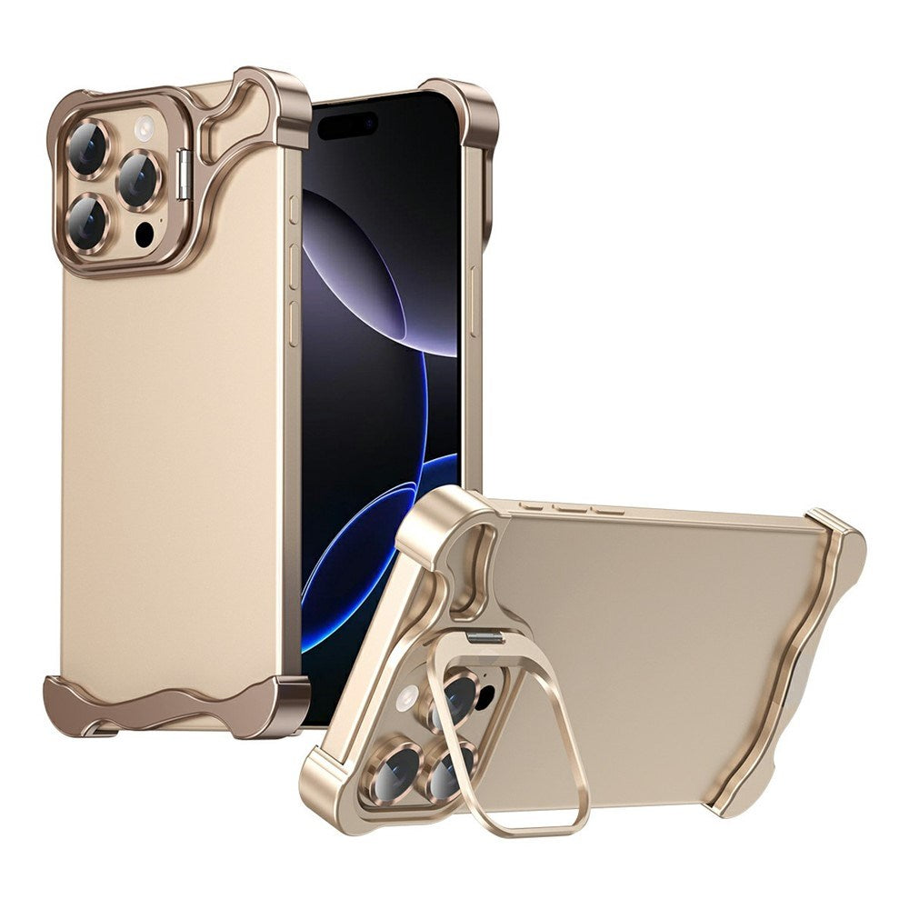iPhone 16 Pro 2-i-1 Metal Bumper Cover - Ståfunktion & Linsebeskytter - Guld