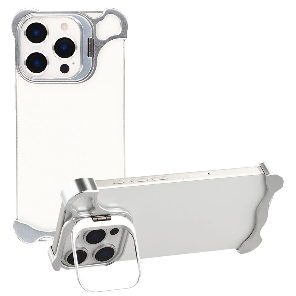 iPhone 16 Pro 2-i-1 Metal Bumper Cover - Ståfunktion & Linsebeskytter - Sølv