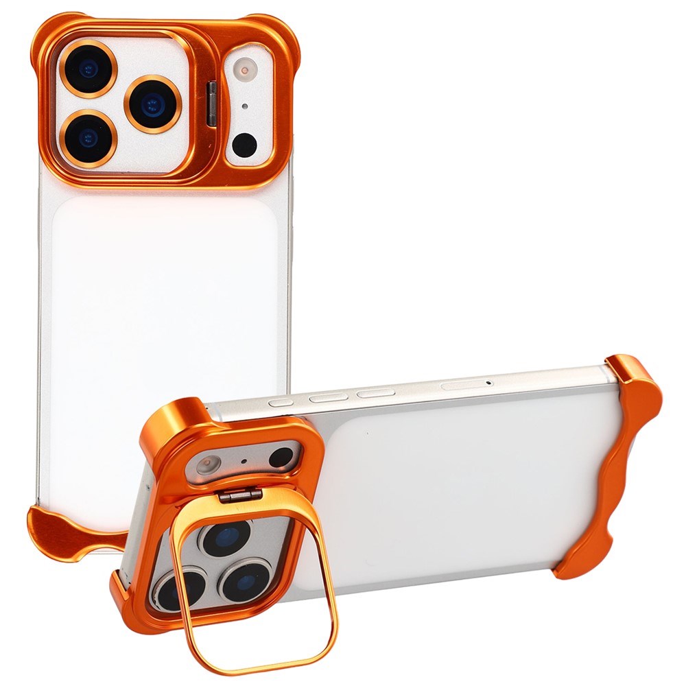 iPhone 17 Pro 2-i-1 Metal Bumper Cover - Ståfunktion & Linsebeskytter - Orange