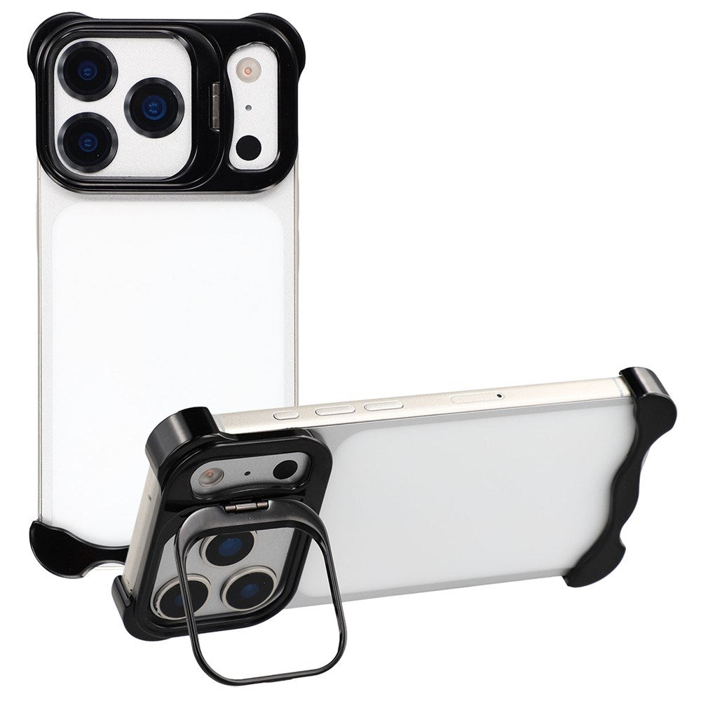 iPhone 17 Pro 2-i-1 Metal Bumper Cover - Ståfunktion & Linsebeskytter - Sort